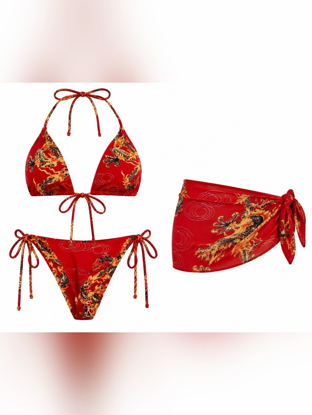 SweatyRocks Dragon Print String Bikini Set Sarong Red Y2K Festival L NWOT
